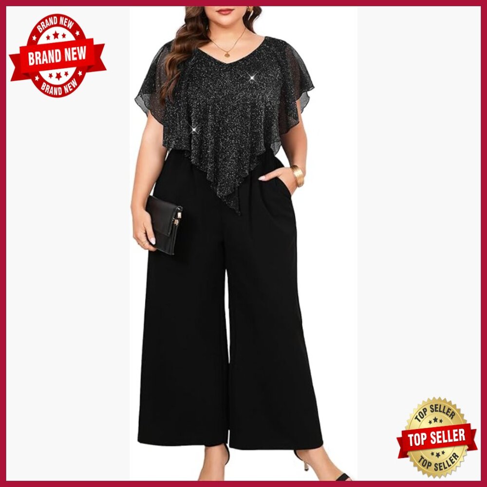Plus Size Sparkly Mesh V Neck Wide Leg Pant Suit Evening Party Wear